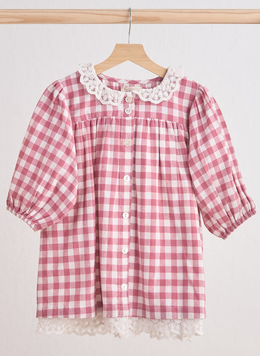 Pink Gingham Flannel Lace Dress